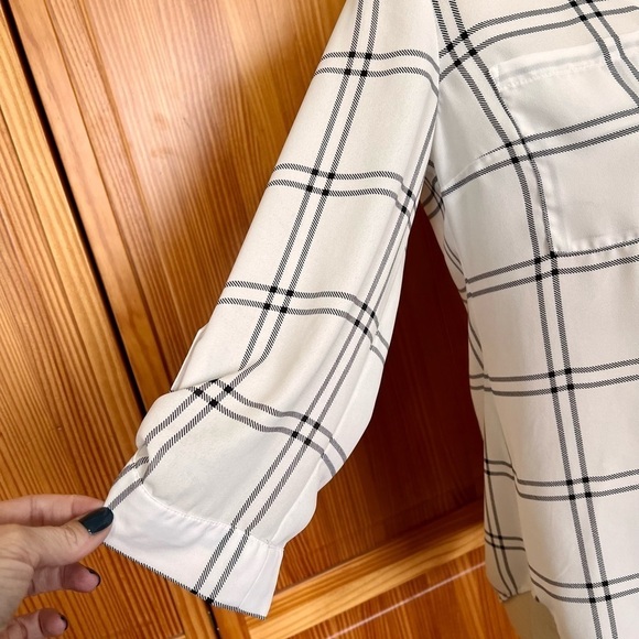 Fortune & Ivy Small White Black Plaid Windowpane Button Front Blouse Roll Tab - Picture 6 of 10
